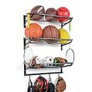 Sunix Sports Equipment Storage, Ball Storage Rack Basketball Holder Wall Mount Shelf with Hooks, 3 Racks, Black