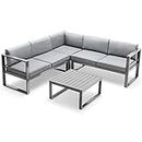 COSTWAY 5 Seater L Shape Aluminium Garden Corner Sofa Set, Sectional Patio Furniture Set with Cushioned Sofas and Coffee Table, All Weather Outdoor Conversation Set for Balcony Backyard Poolside, Grey