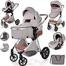 Baby Buggy Pram Pushchair Stroller 3 in 1 Child Lightweight Folding Stroller 3 in 1 Travel System Pram for Newborns & Toddlers 0-36 Months from Birth Aluminum (Light Grey - Silver Frame)