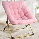 REONEY Comfy Saucer Chair, Soft Folding Faux Fur Lounge Lazy Chair for Kids Girls Teens Adults, Flexible Seating Dorm Reading Chairs for Bedroom, Living Room Gold Metal Frame, Pink