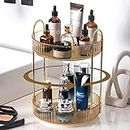 shuang qing Rotating Makeup Organizer for Vanity 2 Tier, High-Capacity Skincare Clear Make Up Storage Perfume Organizers Cosmetic Dresser Organizer Countertop 360 Spinning （Gold）, (HZPSNJS001)