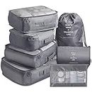 House of Quirk 7pcs Set Travel Organizer Packing Cubes Lightweight Travel Luggage Organizers with Laundry Bag or Toiletry Bag (Grey, Fabric)