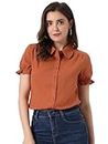 Allegra K Women's Cotton Frilled Top Turndown Collar Solid Blouse Shirt Brown Red Small