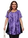 LARACE Leopard Print Tops for Womens Short Sleeve Shirts Plus Size Tunic Swing Summer Clothes Color Block Tee, B-purple/Black, XXL Plus