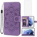 Bohefo Case for Galaxy S21 Case,Samsung S21 SM-G991U Wallet Case with Tempered Glass Screen Protector, Mandala Leather Flip Credit Card Holder Stand Phone Cover Case for Samsung Galaxy S21 5G Purple