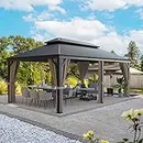 Greesum 12'x20' Hardtop Metal Gazebo, Outdoor Galvanized Steel Double Roof Canopy, Aluminum Frame Permanent Pavilion with Netting and Curtains for Backyard, Patio, Deck, Parties