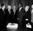 Sports writers attend Ernie Banks birthday party about him signing- Old Photo