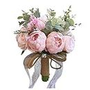 KALAIEN Bridal Wedding Bouquet Bride Bridesmaid Bouquet Handmade Artificial Peony Rose Flower Valentine's Day Confession Party Church (Pink)