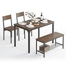 Wellynap 4 Piece Dining Table Set, 43.3" Kitchen Table with Bench and Chairs, Dining Table Set for 4, Kitchen Dinner Table with Benches for 4, Includes Table, 2 Chairs & Bench, Dark Walnut