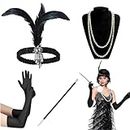 XMANX 4 Pieces 1920s Gatsby Costume Accessories Set Flapper Headband Pearl Necklace Gloves Plastic Holder 1920's Theme Accessories Set for Women