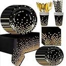 Black and Gold Party Supplies Tableware,193pcs Black and Gold Plates and Napkins Cups & Black Gold Dot Tablecloth etc Party Tableware Black and Gold,for Baby Shower Graduation Birthdays etc...