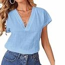 2024 New Women Casual Basic Tees T-Shirt Summer V Neck Short Sleeve Loose Fit Blouse Tops (Blue,XL)