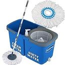 Primeway® PP SS Twin Bucket Rotating Spin Mop with Water Outlet, Liquid Dispenser and 2 Microfiber Mop Heads, 6 LTR