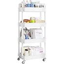 UDEAR 4-Tier Rolling Utility Cart with 12 Category Labels,Multifunctional Storage Shelves with Handle and Lockable Wheels for Room,Office,Kitchen,Bathroom,White