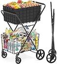 [2-Tier] 420LBS Extra Large Shopping Cart for Groceries, Grocery Cart with Removable Storage Basket, 360° Rolling Swivel Wheels, Liner, Heavy Duty Folding Utility Shopping Carts for Laundry Transport