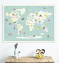 World Map Decor, Childrens Wall Art, Map with Stickers,Our World Interactive Map