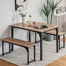 Nafort 3-Piece Dining Table with Benches, Modern Wood Kitchen Table & Benches Set for 4-6 Person, Metal Frame & Wood Tabletop Kitchen Dining Room Furniture Set, Natural &Black