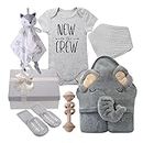 Baby Boy Girl Gift Box Set Newborn Baby Blanket, Newborn Lovey Security Blanket, Baby Wooden Rattle Toy, New Born Clothes Bibs Socks