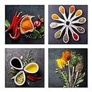 Pyradecor 4 Pieces Colorful Spices and Spoon Vintage Canvas Prints Still Life Paintings Pictures Canvas Wall Art for Living Rome Home Kitchen Decorations