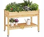 SogesPower 2-Tier Raised Garden Bed with Storage Shelves, Elevated Wooden Planter Box Stand Outdoor with Wheels,Standing Planting Bed Garden, Grow Box for Backyard Patio and Balcony,SP30CXDJPL02PE-Pro