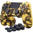 YoRHa Water Transfer Printing Skull Silicone Cover Skin Case for Sony PS4/slim/Pro Dualshock 4 controller x 1(yellow) With Pro thumb grips x 8