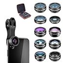 Apexel 10 in 1 Cell Phone Camera Lens Kit, Wide Angle Lens & Macro Lens+Fisheye Lens+Telephoto Lens+CPL/Flow/Radial/Star Filter+Kaleidoscope 3/6 Lens for iPhone Samsung Sony and Most of Smartphone