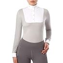 Harrison Howard Women's Equestrian Long Sleeve Riding Top Show Shirt Patchwork Design Light Grey Medium