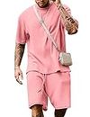 Babioboa Men's T Shirt and Shorts Summer Tracksuit Casual Casual Set with 2 Pockets Two Piece Outfits(Pink,L)