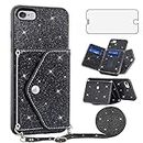 Asuwish Phone Case for iPhone 6 6s Wallet Cover with Tempered Glass Screen Protector and Crossbody Strap Glitter Card Holder iPhone6 Six i6 S iPhone6s iPhine6s iPhones6s i Phone6s Phone6 6a S6 Black