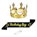 Decofy Birthday Boy Sash & King Crown With Pin- Set of 3 Birthday Boy Sash & King Crown | Black Sash of Birthday Boy For Kids, Mens