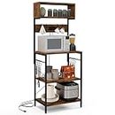 Giantex Bakers Rack with Power Outlet, 5-Tier Microwave Stand w/ 10 S-Shape Hooks, Storage Shelf for Spices Pots Pans, Home Coffee Bar Rack for Kitchen Dining Living Room Office, Rustic Brown