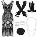 PLULON 1920s Sequin Beaded Fringed Flapper Dress with 20s Accessories Set (Black and Sliver