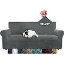 XINEAGE 1 Piece Velvet Couch Covers for 3 Cushion Couch Living Room High Stretch Sofa Cover Pets Dogs Friendly Anti Slip Thickened Slipcovers Furniture Protector (3 Seater, Grey)