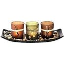 Dawhud Direct Votive Candle Holder, Vintage Decor Flameless Natural Candlescape Set, 3 LED Tea Light Candles, Rocks and Tray (Natural Earth Tones) Bath Decor Decorative Candles Zen Room Decor Gift