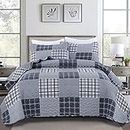 Quilt Set Queen,3 Pieces Blue and Grey Patchwork Bedspread with 2 Pillowcases, Striped Plaid Coverlet Set Soft Microfiber Bedding Quilted Set for All Seasons Queen(90”x96”)