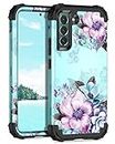 Casetego Compatible with Galaxy S22 5G Case,Floral Three Layer Heavy Duty Sturdy Shockproof Full Body Protective Cover Case for Samsung Galaxy S22 5G,Blue Flower