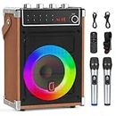 JYX Karaoke Machine with Two Wireless Microphones, Bass/Treble Adjustment and LED Light, Support TWS, AUX In, FM Radio, REC, Supply for Party/Meeting/Wedding - Wood Grain