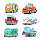 DEZICON Diecast Metal Unbreakable Cartoon Car Set of 6 Mini Cars Train Bus Taxi Tram Plane and Ship Pull Back Toy for 2 3 4 5 Year Boys and Girls