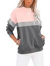 TICTICMIMI Women's Casual Long Sleeve Color Block/Solid Tops Crewneck Sweatshirts Cute Loose Fit Pullovers With Pockets, A-pink Grey, Medium