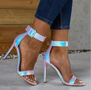 Damen Sommerschnalle Stiletto Knöchelriemen hoher Absatz Schlangendruck offene Zehenpartie Schuhe