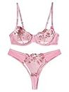 Aphrotiny Womens Lingerie Set 2 Piece Floral Embroidery Matching Bra and Panty Sets Underwire Mesh Floral Lingerie for Women Pink