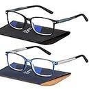 EASY READ 2 Pairs Sporty Style Reading Glasses for Men，Rectangular Blue Light Blocking Readers with Spring Hinge(Magnification 1.50, Black/Blue)