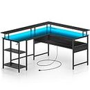Rolanstar Computer Desk L Shaped 59.4" with LED Lights & Power Outlets, Reversible L Shaped Gaming Desk with Monitor Stand, Office Desk with Storage, Writing Desk with USB Port & Hook, Black