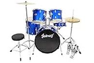 JUAREZ Obra Complete Full Size 5-Piece Adult Acoustic Drum Set With Throne, Cymbal, Pedal & Drumsticks, Blue