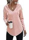 RIROW 2023 Comfy Hoodies for Women Pullover Long Sleeve Womens Tops V Neck Sweatshirt Waffle Light Pink M