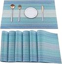 Potency Table Mats Set of 6, Woven Placemats for Dining Table, Heat-Resistant Placemats Stain Resistant Anti-Skid Washable PVC Table Mats, Vinyl Placemats for Dining Kitchen Restaurant Table (H-Blue)