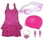 THE MORNING PLAY Girls Swimming Costume with Swim Goggles Swim Cap 2Ear Plug and 1Nose Plug (9-10YEARS, Multicolour)