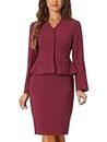 Allegra K Business 2 Piece Suit Set for Women's Long Sleeve Collarless Peplum Blazer Pencil Skirts Dark Red Large