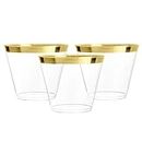 100 Gold Plastic Cups | 9 oz | Hard Disposable Cups | Plastic Wine Cups | Plastic Cocktail Glasses | Plastic Drinking Cups | Bulk Party Cups | Wedding Tumblers | Clear Plastic Cups with Gold Rim