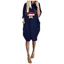 Dress Women Winter Fashion Plus Size Loose O-Neck Pocket Christmas Printed - Turquoise - UK 32
